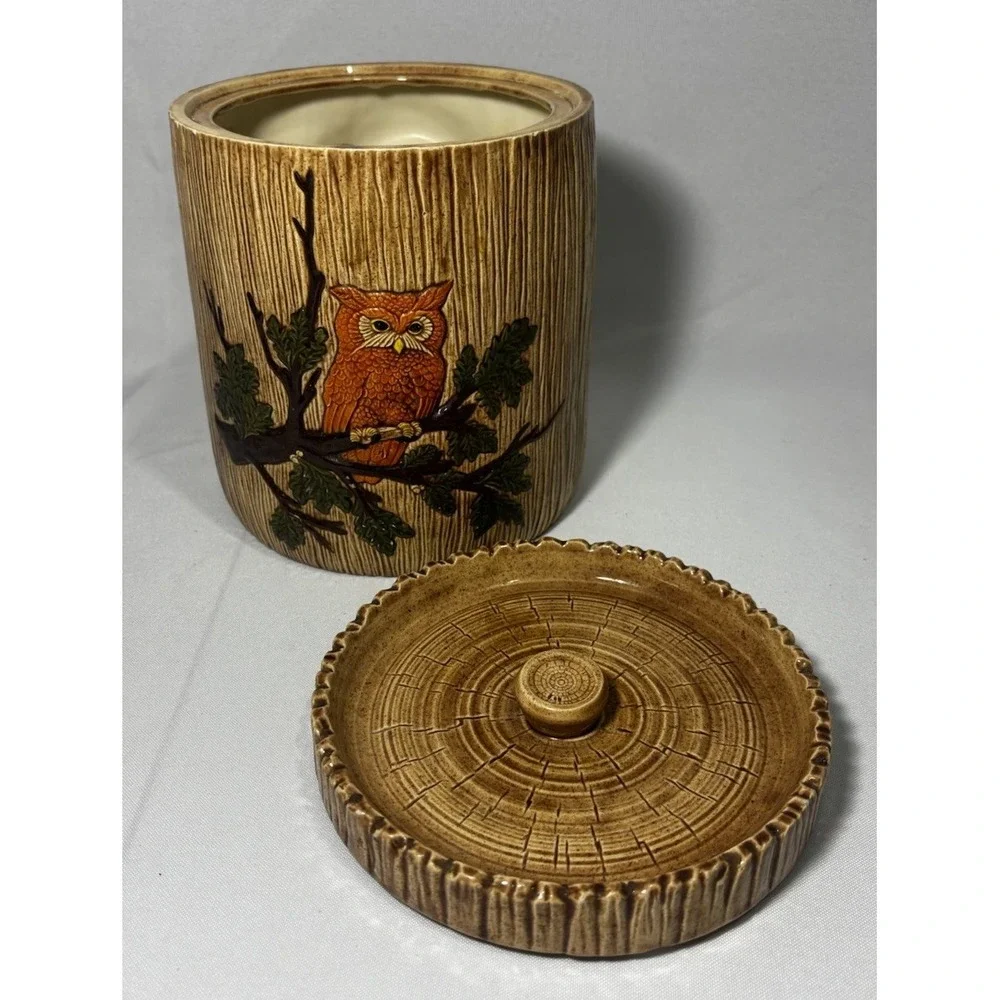 🦉Vintage Owl Ceramic Canister Brown Wood Grain ‎ 8.5
